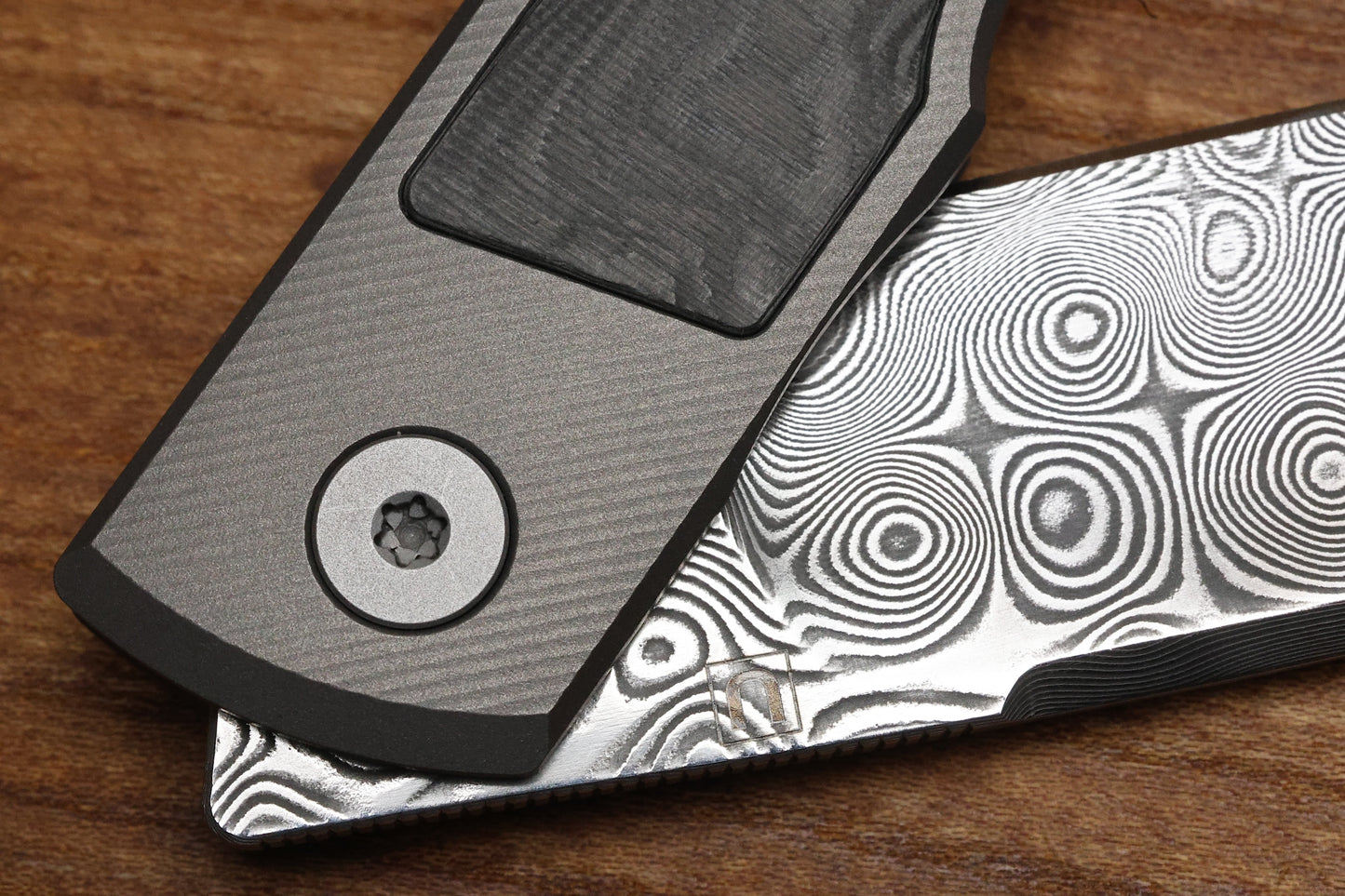 ULDANOV CUSTOM KNIVES SIERRA W/ MILLED TITANIUM/CARBON FIBER INLAYS & DAMASCUS FRONT FLIPPER