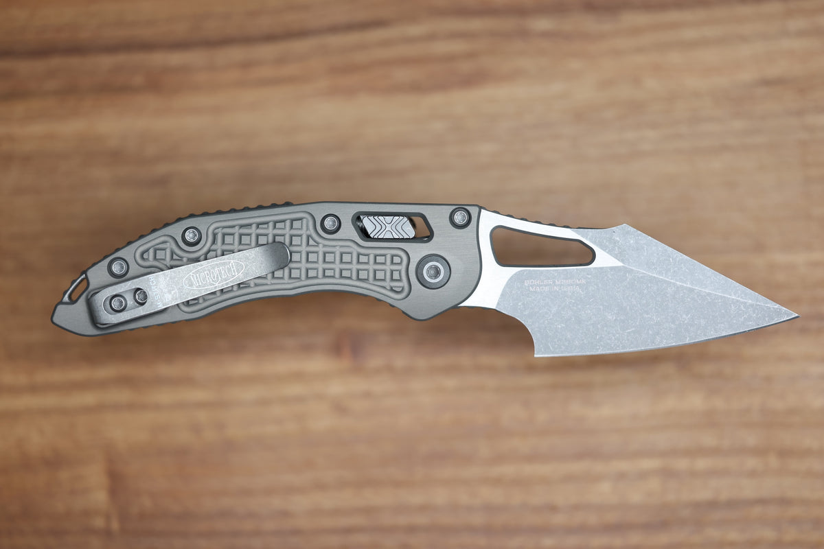 MICROTECH KNIVES MANUAL M-STITCH RAM LOK NATURAL CLEAR FRAG ALUMINUM HANDLES & APOCALYPTIC M390MK 169MRL-10APFRNC