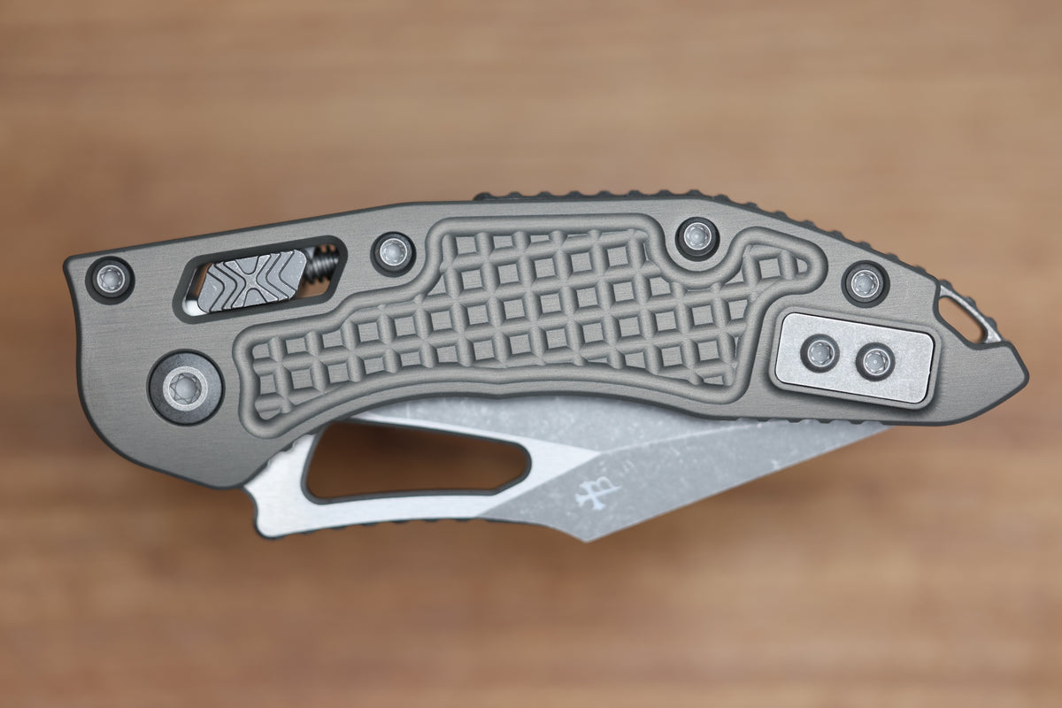 MICROTECH KNIVES MANUAL M-STITCH RAM LOK NATURAL CLEAR FRAG ALUMINUM HANDLES & APOCALYPTIC M390MK 169MRL-10APFRNC