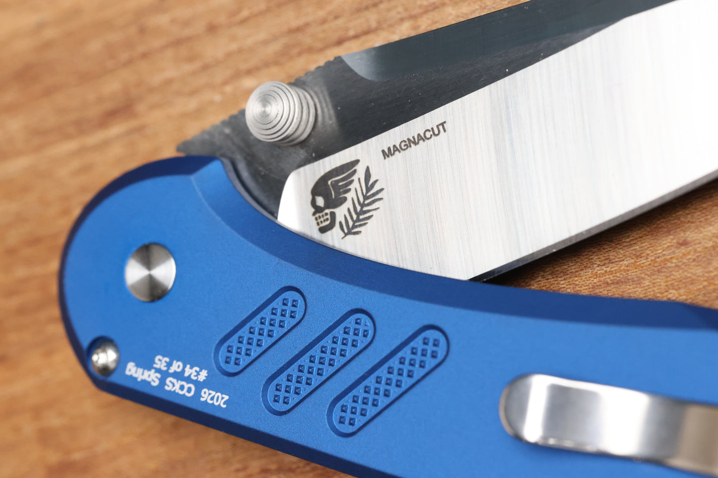 PRO-TECH KNIVES PEACE NEIGHBOR AVALON TEXTURED BLUE ALUMINUM HANDLE MACHINED SATIN MAGNACUT BLADE 2026 CCK SPRING.1
