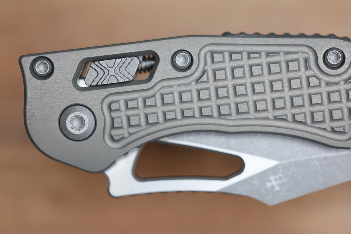 MICROTECH KNIVES MANUAL M-STITCH RAM LOK NATURAL CLEAR FRAG ALUMINUM HANDLES & APOCALYPTIC M390MK 169MRL-10APFRNC