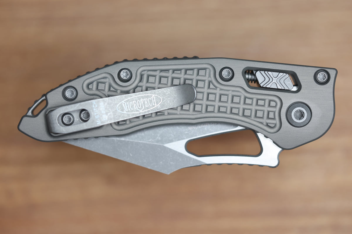 MICROTECH KNIVES MANUAL M-STITCH RAM LOK NATURAL CLEAR FRAG ALUMINUM HANDLES & APOCALYPTIC M390MK 169MRL-10APFRNC