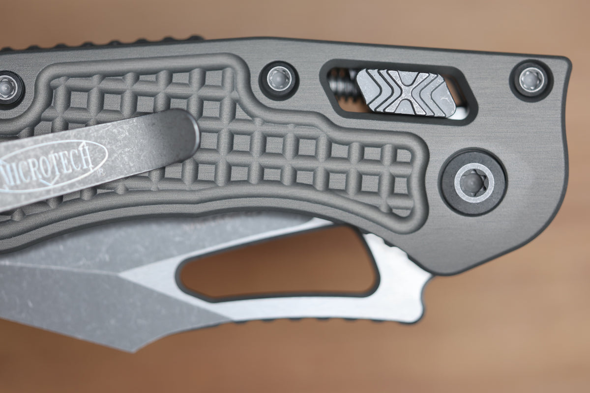 MICROTECH KNIVES MANUAL M-STITCH RAM LOK NATURAL CLEAR FRAG ALUMINUM HANDLES & APOCALYPTIC M390MK 169MRL-10APFRNC