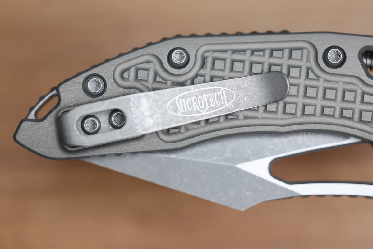 MICROTECH KNIVES MANUAL M-STITCH RAM LOK NATURAL CLEAR FRAG ALUMINUM HANDLES & APOCALYPTIC M390MK 169MRL-10APFRNC