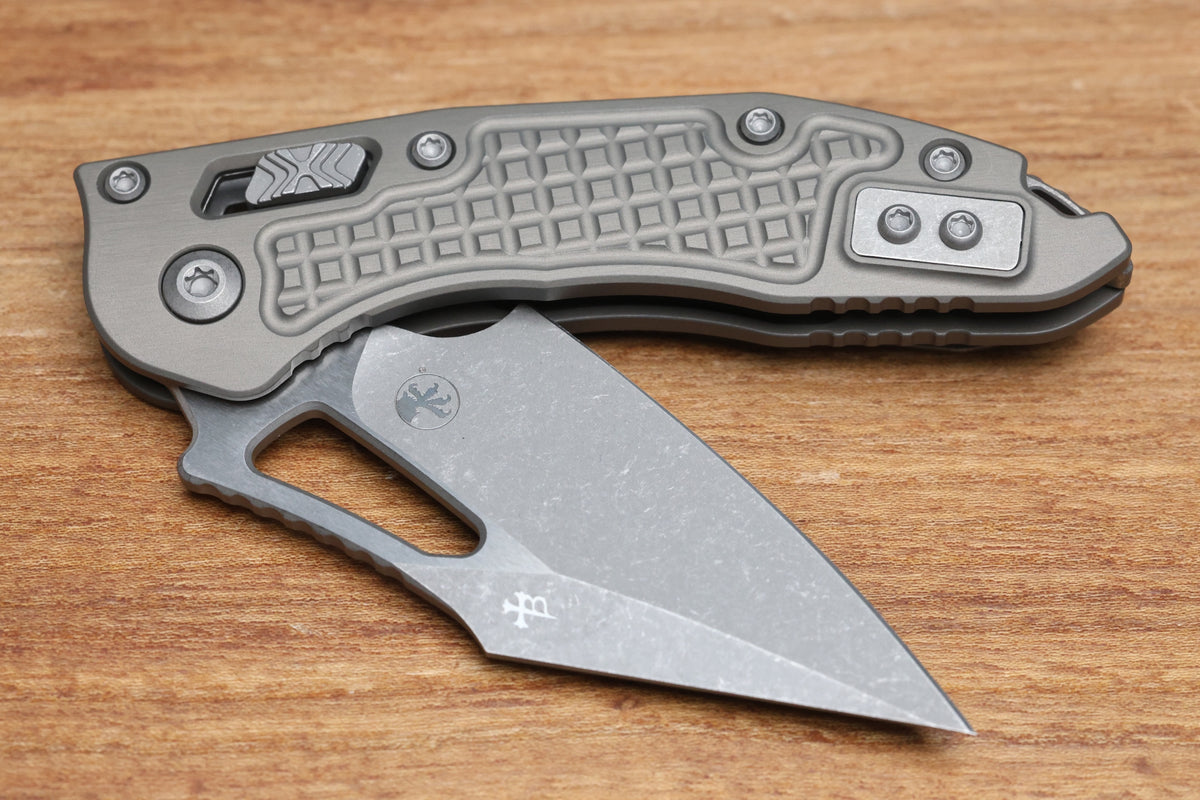 MICROTECH KNIVES MANUAL M-STITCH RAM LOK NATURAL CLEAR FRAG ALUMINUM HANDLES & APOCALYPTIC M390MK 169MRL-10APFRNC