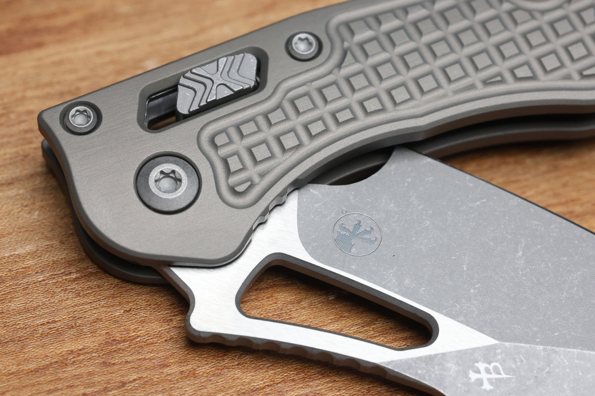 MICROTECH KNIVES MANUAL M-STITCH RAM LOK NATURAL CLEAR FRAG ALUMINUM HANDLES & APOCALYPTIC M390MK 169MRL-10APFRNC