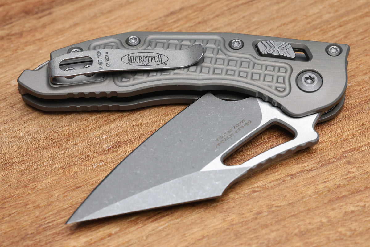MICROTECH KNIVES MANUAL M-STITCH RAM LOK NATURAL CLEAR FRAG ALUMINUM HANDLES & APOCALYPTIC M390MK 169MRL-10APFRNC