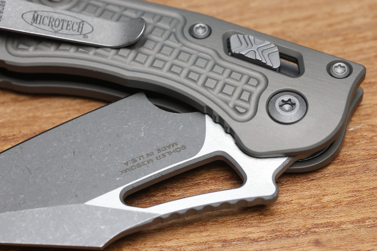 MICROTECH KNIVES MANUAL M-STITCH RAM LOK NATURAL CLEAR FRAG ALUMINUM HANDLES & APOCALYPTIC M390MK 169MRL-10APFRNC