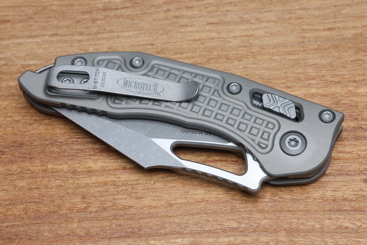 MICROTECH KNIVES MANUAL M-STITCH RAM LOK NATURAL CLEAR FRAG ALUMINUM HANDLES & APOCALYPTIC M390MK 169MRL-10APFRNC