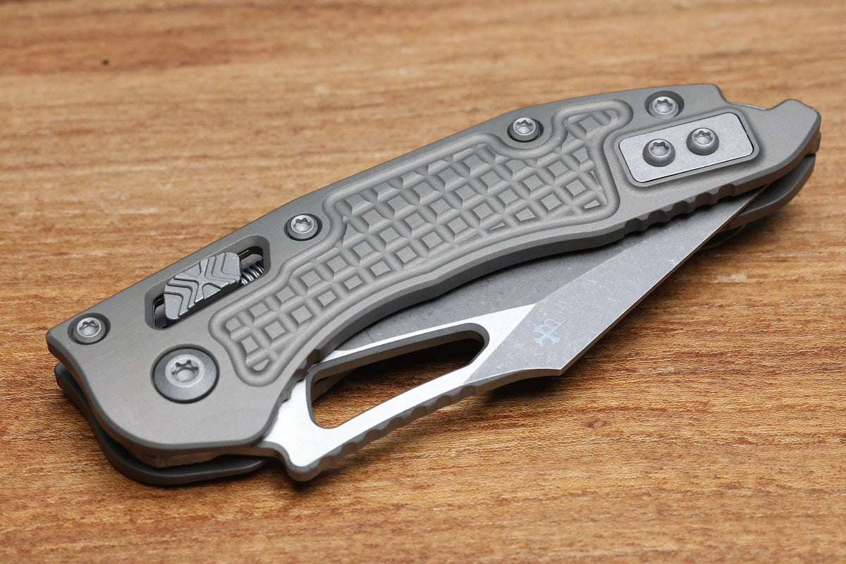 MICROTECH KNIVES MANUAL M-STITCH RAM LOK NATURAL CLEAR FRAG ALUMINUM HANDLES & APOCALYPTIC M390MK 169MRL-10APFRNC
