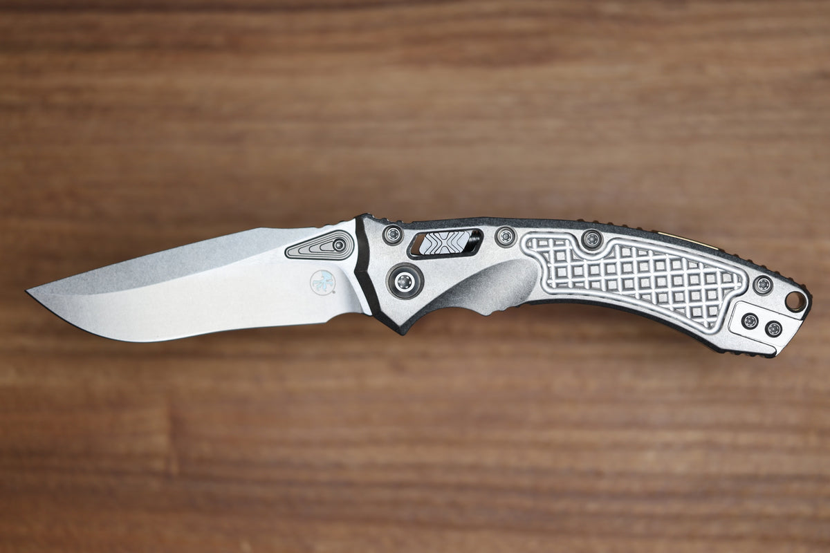 MICROTECH AMPHIBIAN MINI RAM LOK STONEWASH TITANIUM FRAG & STONEWASH M390MK W/ BRONZE ACCENTS 137MRL-10FRMS1
