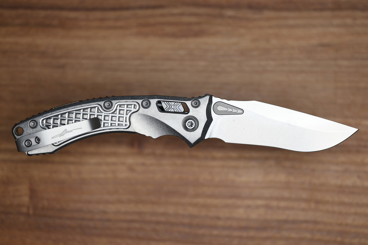 MICROTECH AMPHIBIAN MINI RAM LOK STONEWASH TITANIUM FRAG & STONEWASH M390MK W/ BRONZE ACCENTS 137MRL-10FRMS1