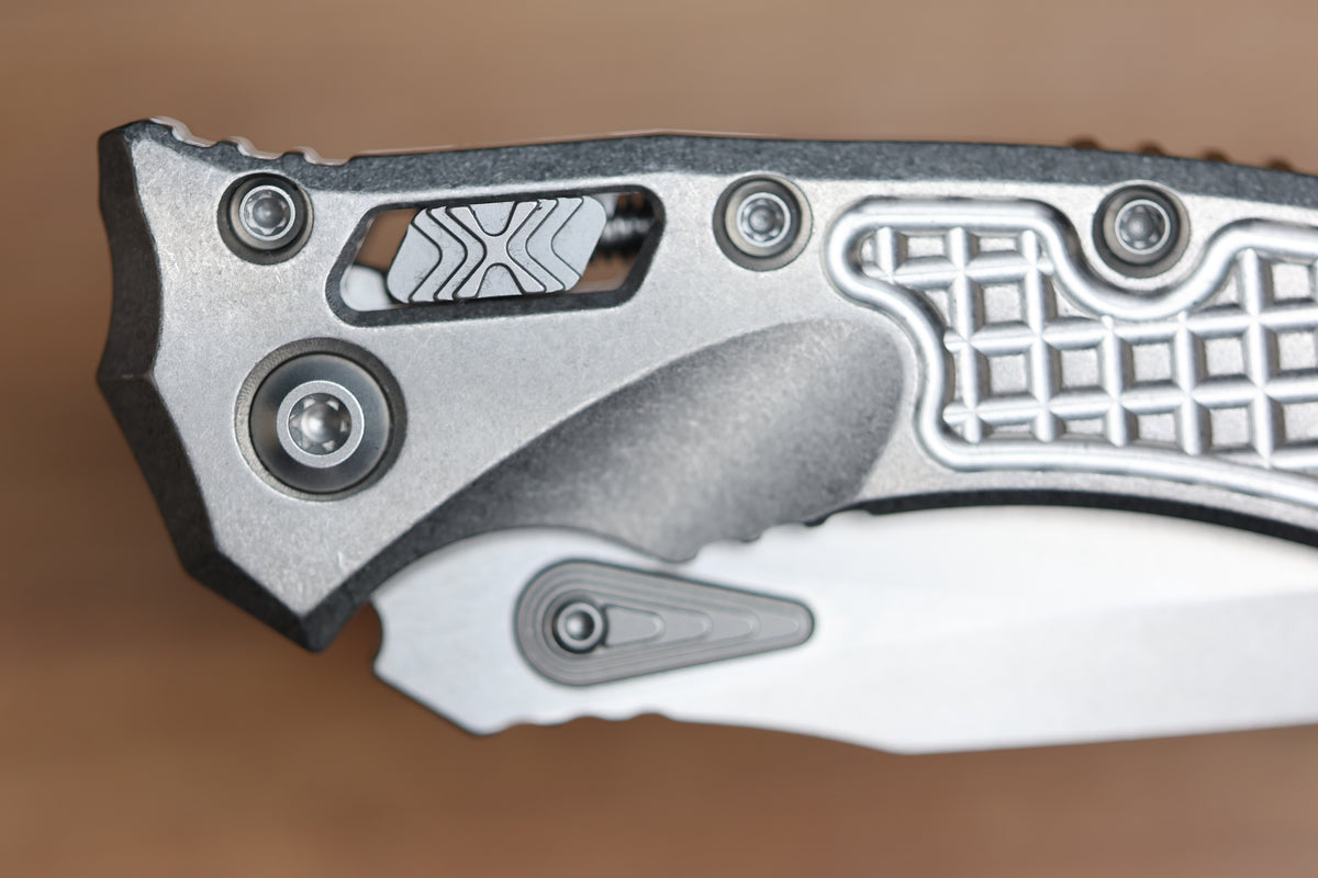 MICROTECH AMPHIBIAN MINI RAM LOK STONEWASH TITANIUM FRAG & STONEWASH M390MK W/ BRONZE ACCENTS 137MRL-10FRMS1
