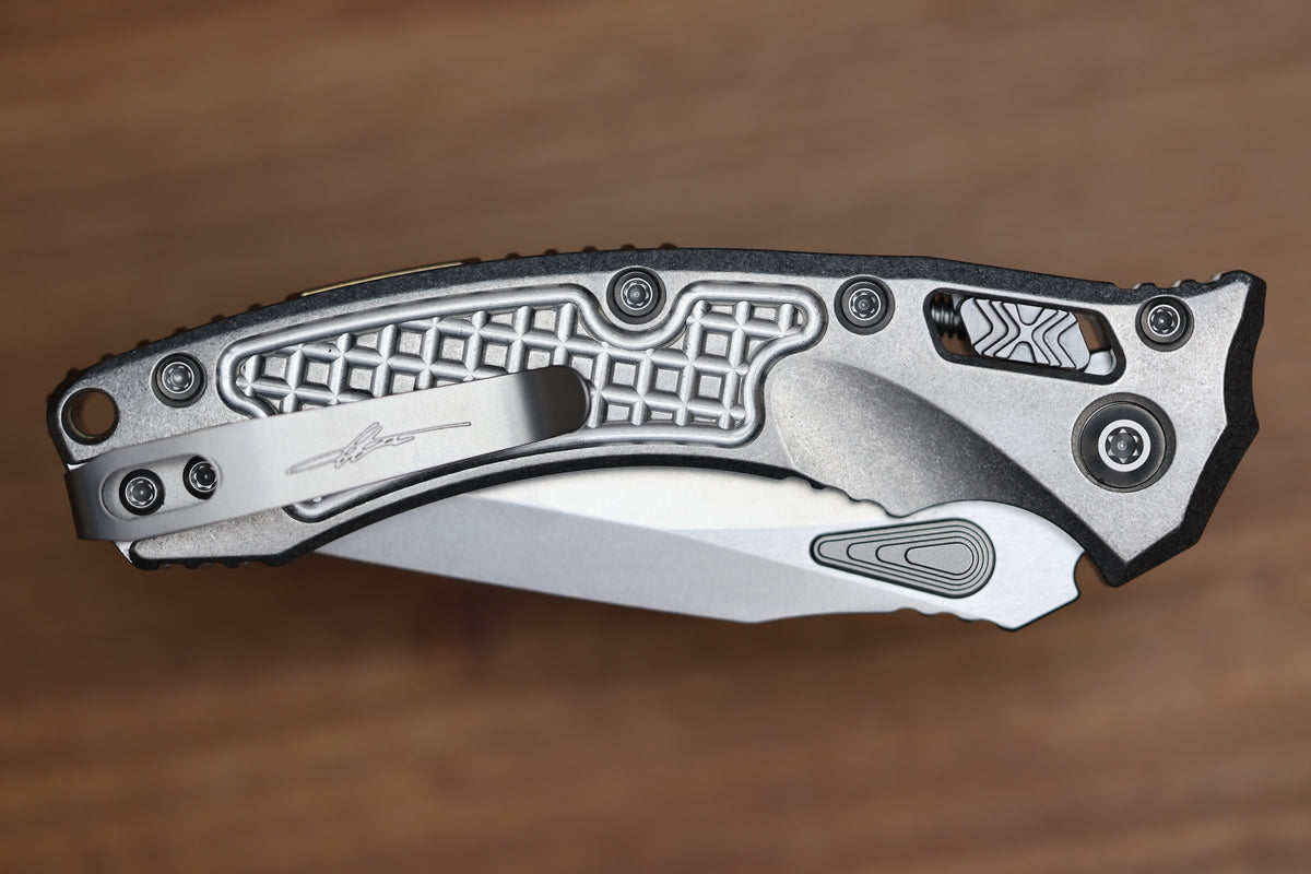 MICROTECH AMPHIBIAN MINI RAM LOK STONEWASH TITANIUM FRAG & STONEWASH M390MK W/ BRONZE ACCENTS 137MRL-10FRMS1