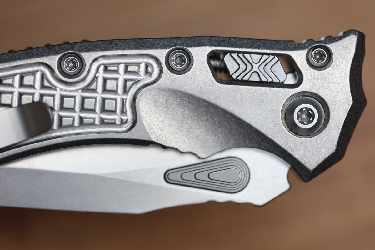 MICROTECH AMPHIBIAN MINI RAM LOK STONEWASH TITANIUM FRAG & STONEWASH M390MK W/ BRONZE ACCENTS 137MRL-10FRMS1