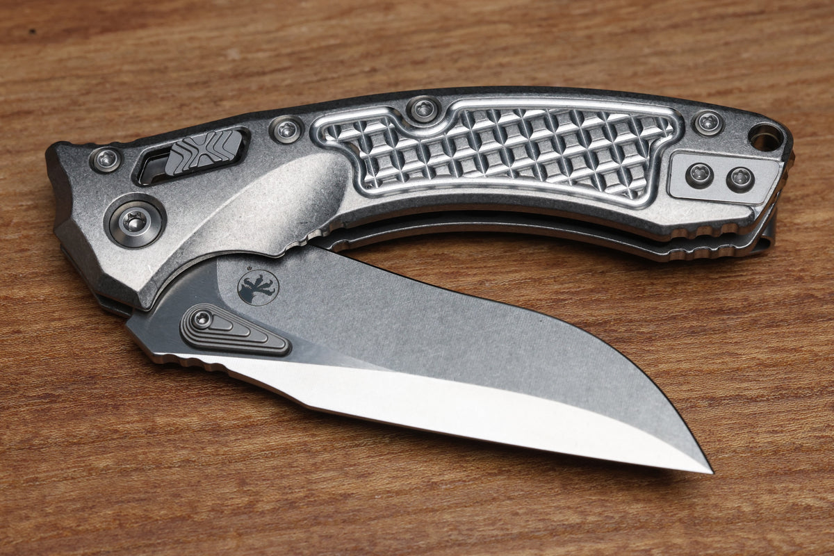 MICROTECH AMPHIBIAN MINI RAM LOK STONEWASH TITANIUM FRAG & STONEWASH M390MK W/ BRONZE ACCENTS 137MRL-10FRMS1