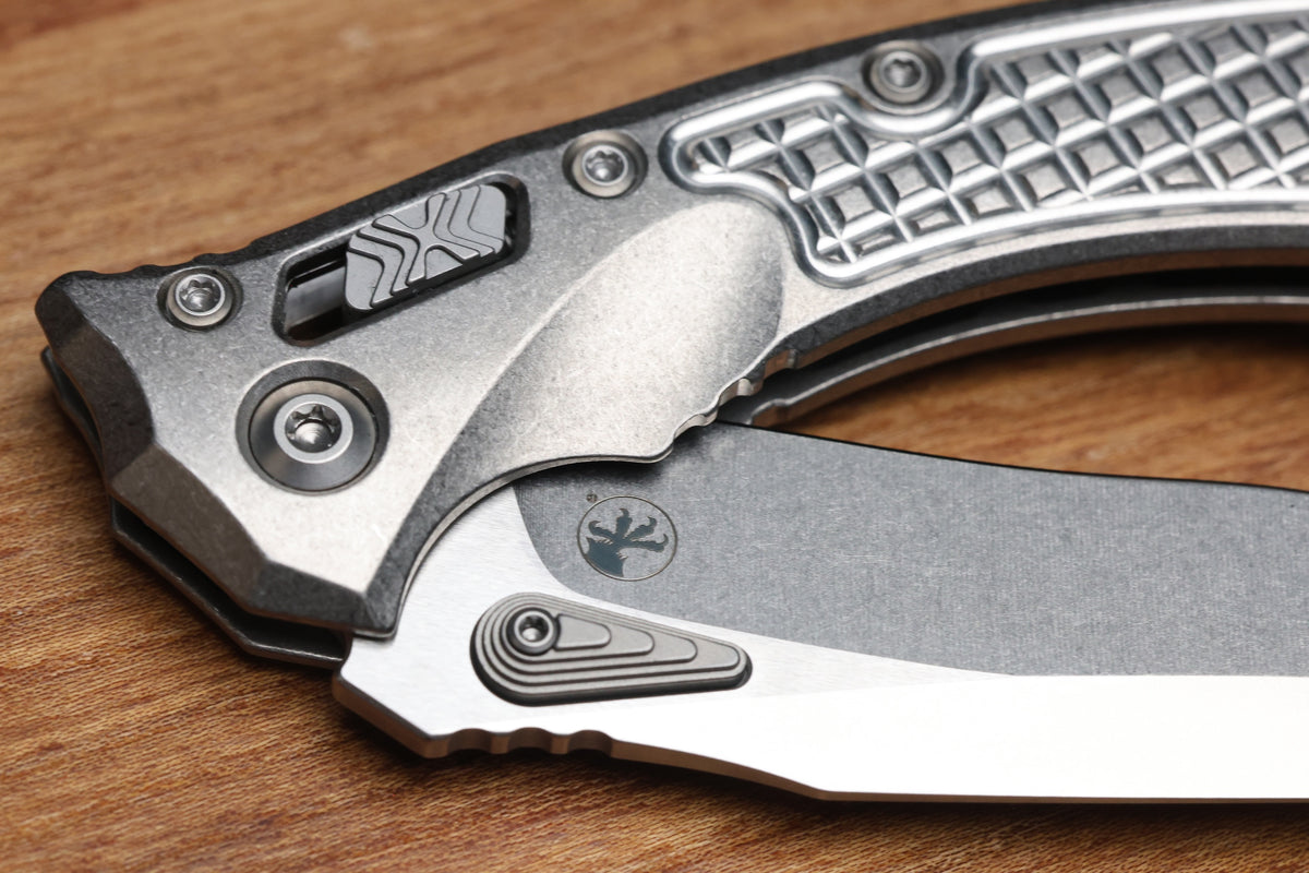 MICROTECH AMPHIBIAN MINI RAM LOK STONEWASH TITANIUM FRAG & STONEWASH M390MK W/ BRONZE ACCENTS 137MRL-10FRMS1