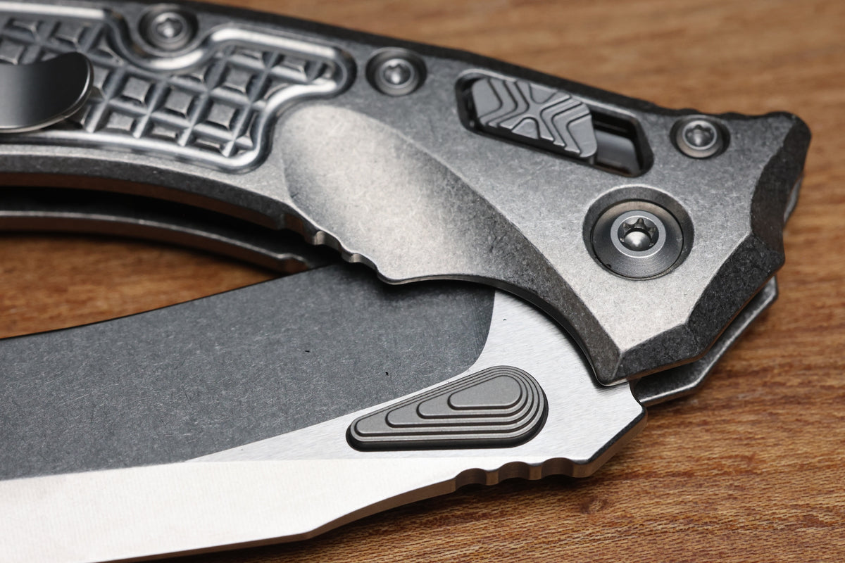 MICROTECH AMPHIBIAN MINI RAM LOK STONEWASH TITANIUM FRAG & STONEWASH M390MK W/ BRONZE ACCENTS 137MRL-10FRMS1