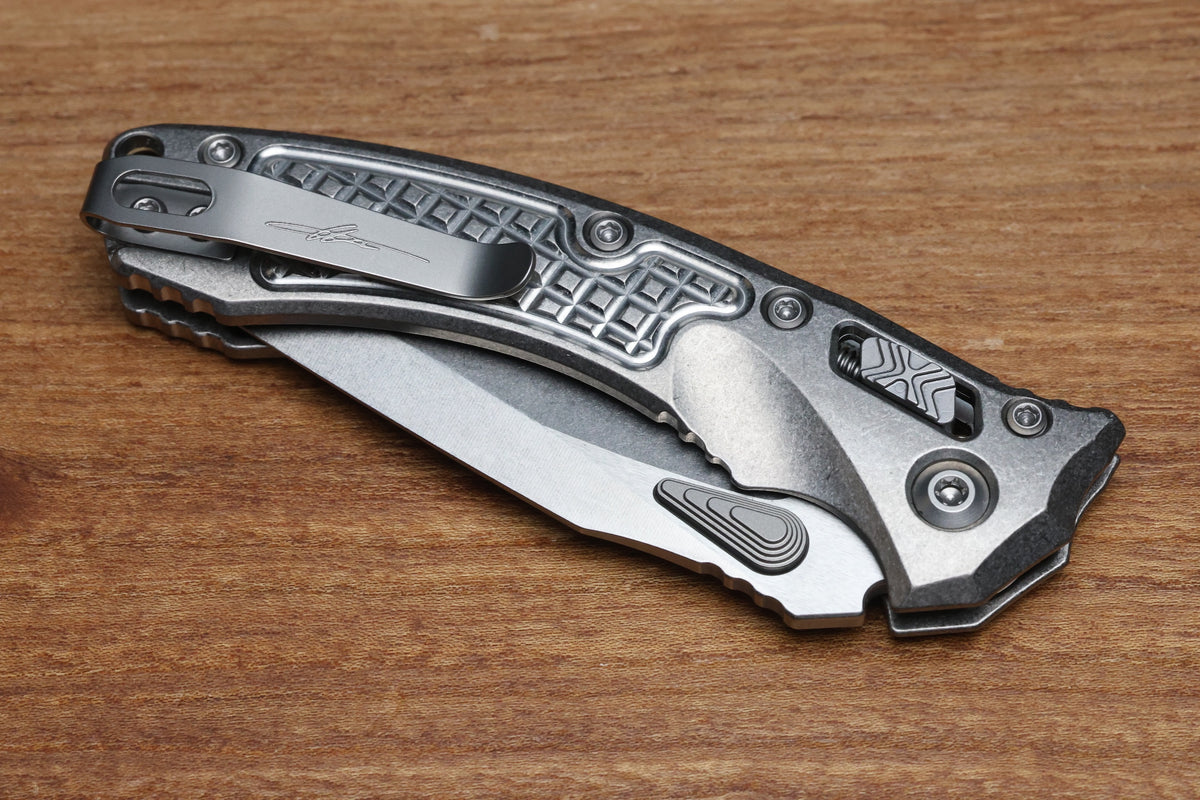 MICROTECH AMPHIBIAN MINI RAM LOK STONEWASH TITANIUM FRAG & STONEWASH M390MK W/ BRONZE ACCENTS 137MRL-10FRMS1