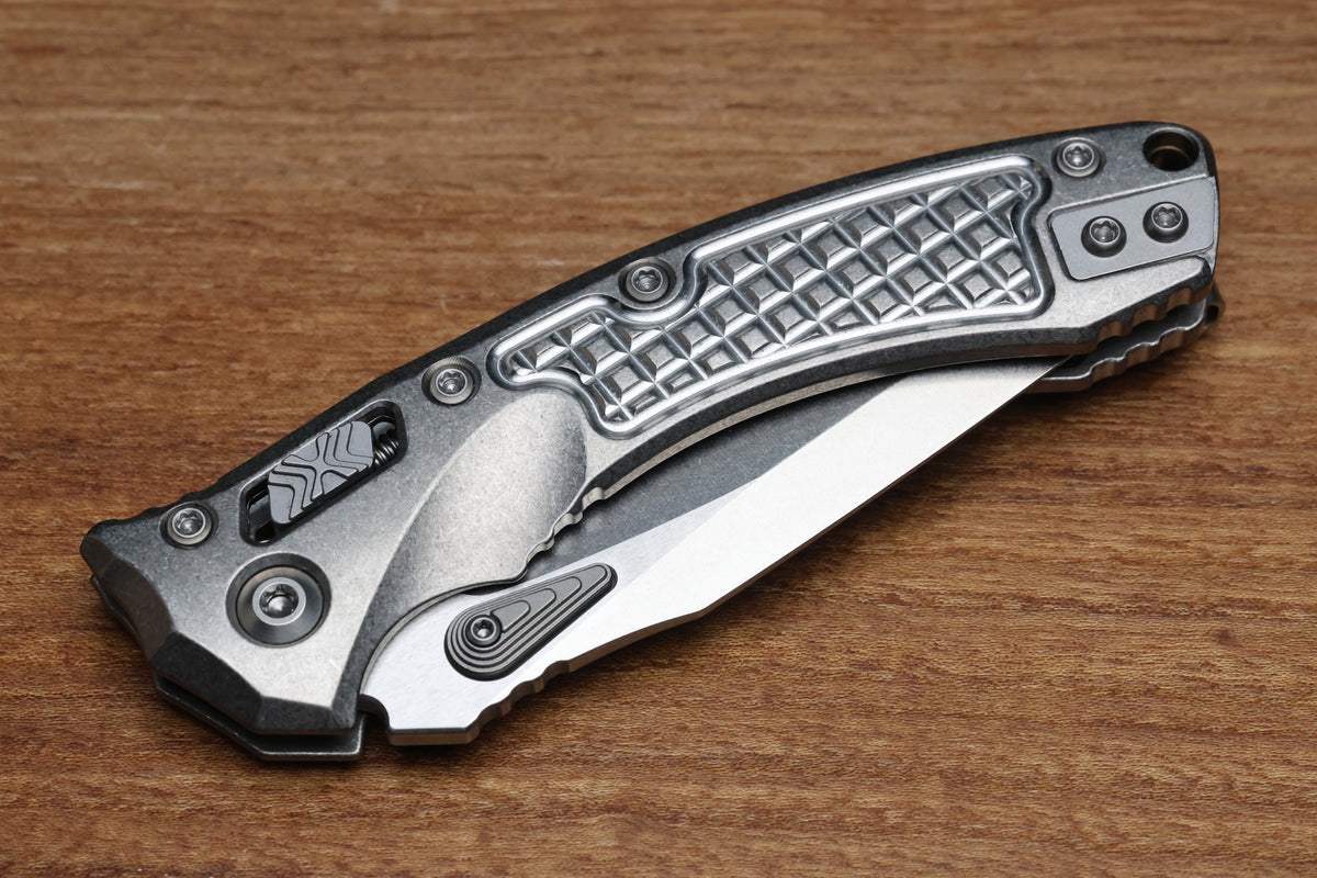MICROTECH AMPHIBIAN MINI RAM LOK STONEWASH TITANIUM FRAG & STONEWASH M390MK W/ BRONZE ACCENTS 137MRL-10FRMS1