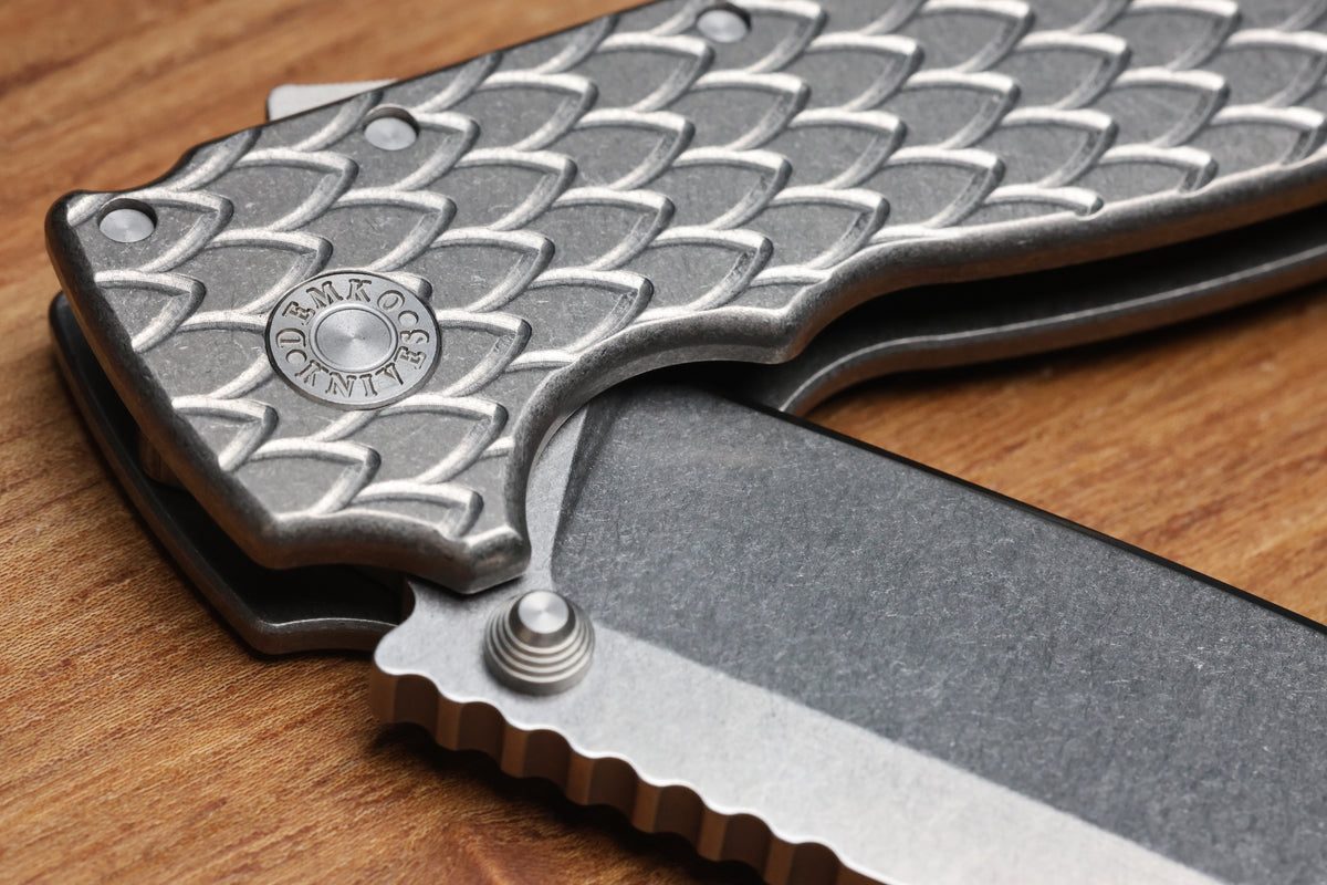 DEMKO KNIVES MG AD20 XXX W/ DRAGON SCALE TITANIUM HANDLES & 4" 3V BLADE