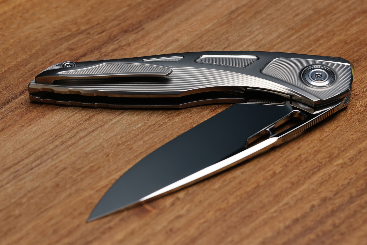 CUSTOM KNIFE FACTORY SUKHOI-5 POLISHED TITANIUM HANDLES W/ CRYSTAL TI BACKSPACER & MIRROR M398