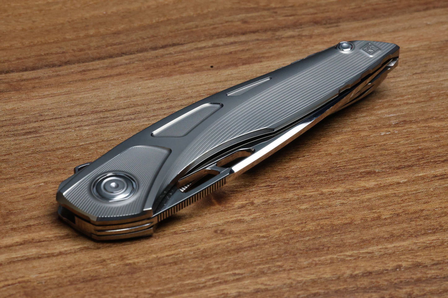 CUSTOM KNIFE FACTORY SUKHOI-5 POLISHED TITANIUM HANDLES W/ CRYSTAL TI BACKSPACER & MIRROR M398