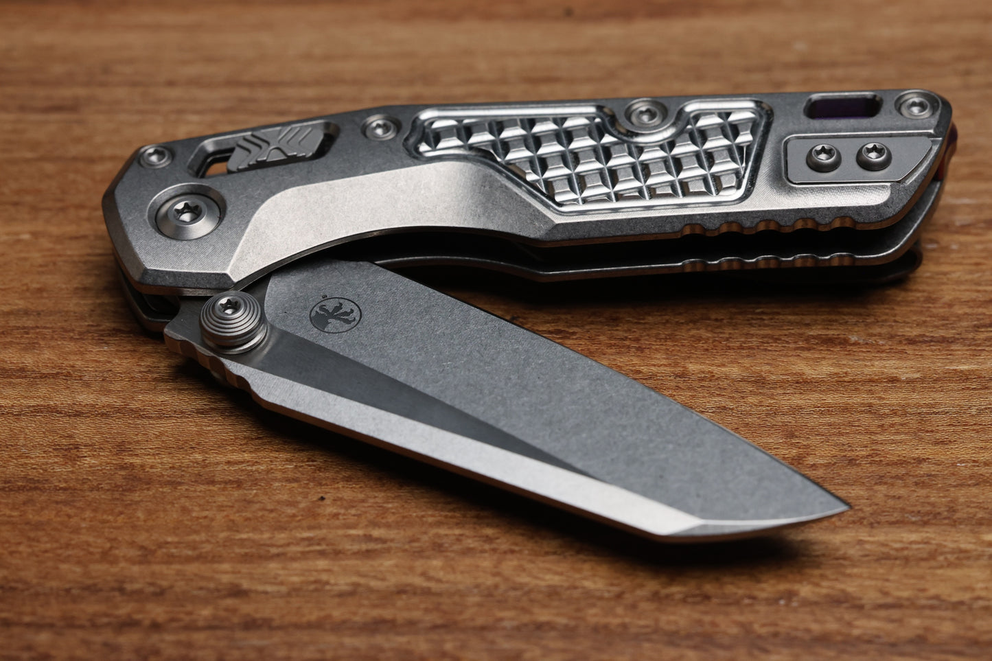 MICROTECH MARFIONE SELECT MSI RAM LOK MINI FRAG TITANIUM HANDLES W/ DOUBLE VAPOR ACCENTS & PURPLE ACCENTS & STONEWASH M390MK 210M-10FRMS4