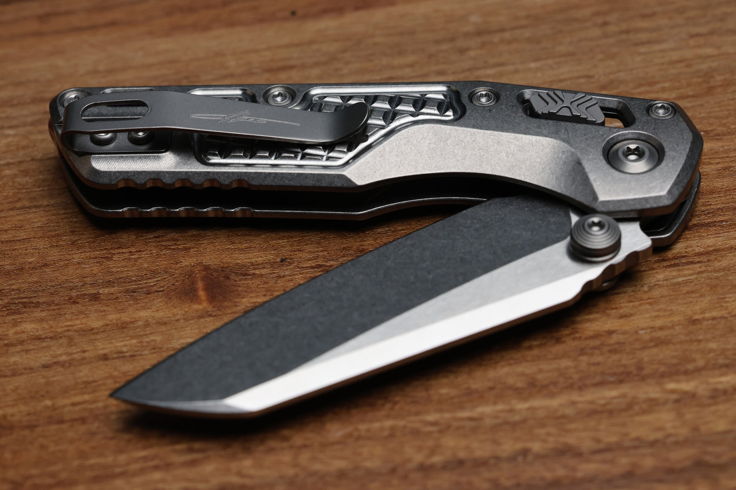 MICROTECH MARFIONE SELECT MSI RAM LOK MINI FRAG TITANIUM HANDLES W/ DOUBLE VAPOR ACCENTS & PURPLE ACCENTS & STONEWASH M390MK 210M-10FRMS4