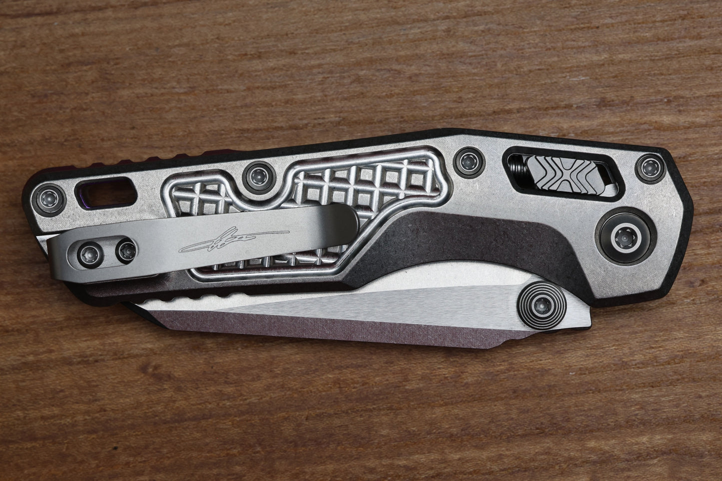 MICROTECH MARFIONE SELECT MSI RAM LOK MINI FRAG TITANIUM HANDLES W/ DOUBLE VAPOR ACCENTS & PURPLE ACCENTS & STONEWASH M390MK 210M-10FRMS4