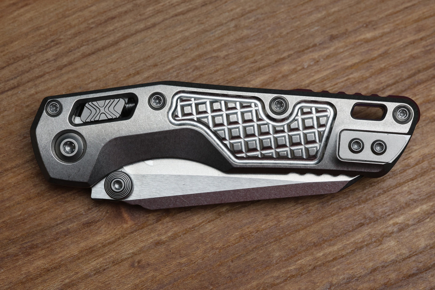 MICROTECH MARFIONE SELECT MSI RAM LOK MINI FRAG TITANIUM HANDLES W/ DOUBLE VAPOR ACCENTS & PURPLE ACCENTS & STONEWASH M390MK 210M-10FRMS4