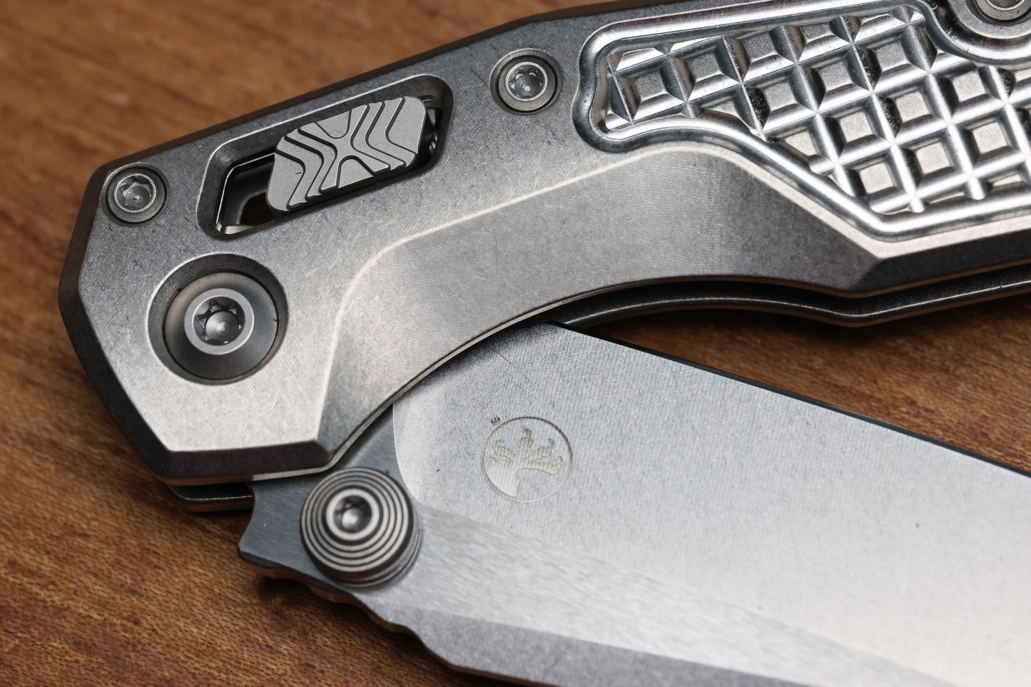 MICROTECH MARFIONE SELECT MSI RAM LOK MINI FRAG TITANIUM HANDLES W/ DOUBLE VAPOR ACCENTS & PURPLE ACCENTS & STONEWASH M390MK 210M-10FRMS4