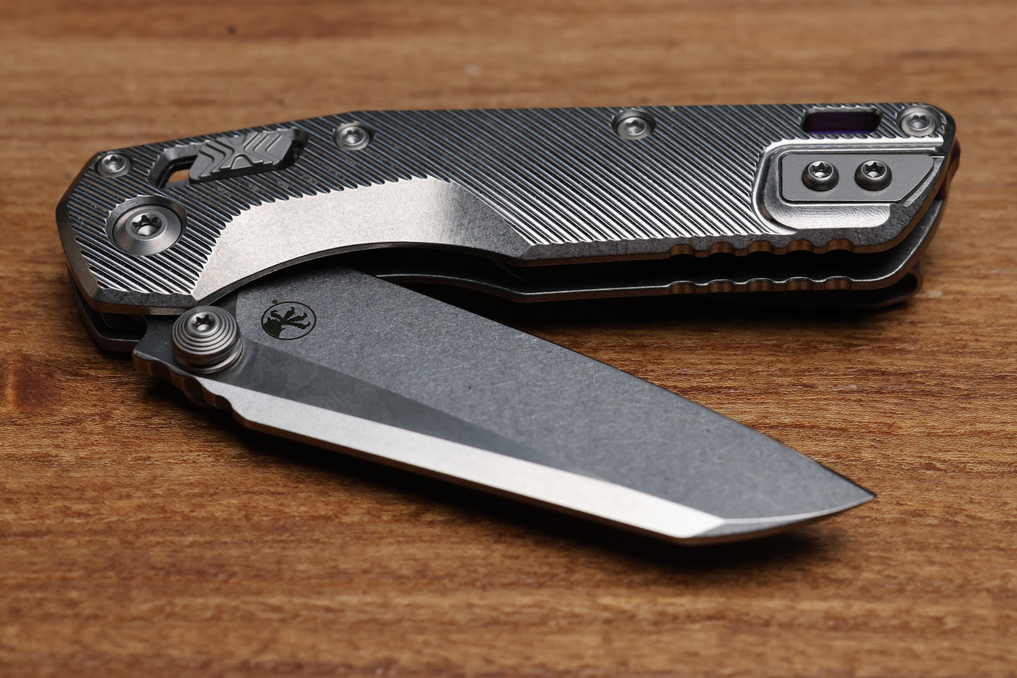 MICROTECH MARFIONE SELECT MSI RAM LOK MINI FLUTED TITANIUM HANDLES W/ DOUBLE VAPOR ACCENTS & PURPLE ACCENTS & STONEWASH M390MK 210M-10FLMS4