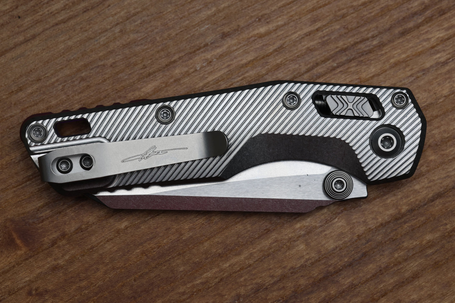 MICROTECH MARFIONE SELECT MSI RAM LOK MINI FLUTED TITANIUM HANDLES W/ DOUBLE VAPOR ACCENTS & PURPLE ACCENTS & STONEWASH M390MK 210M-10FLMS4