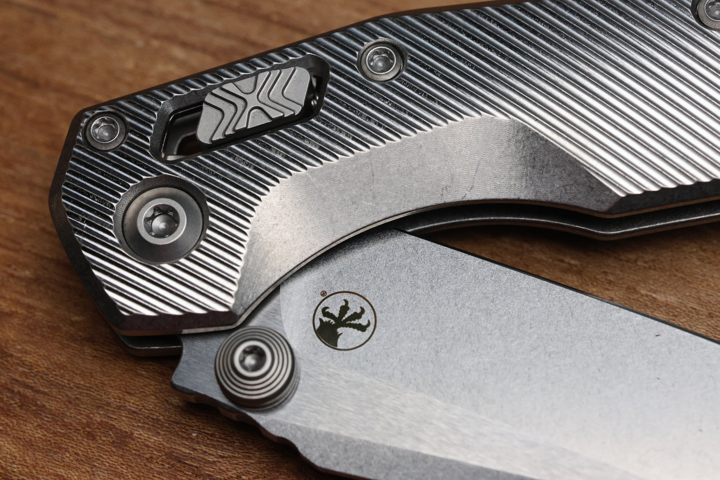 MICROTECH MARFIONE SELECT MSI RAM LOK MINI FLUTED TITANIUM HANDLES W/ DOUBLE VAPOR ACCENTS & PURPLE ACCENTS & STONEWASH M390MK 210M-10FLMS4
