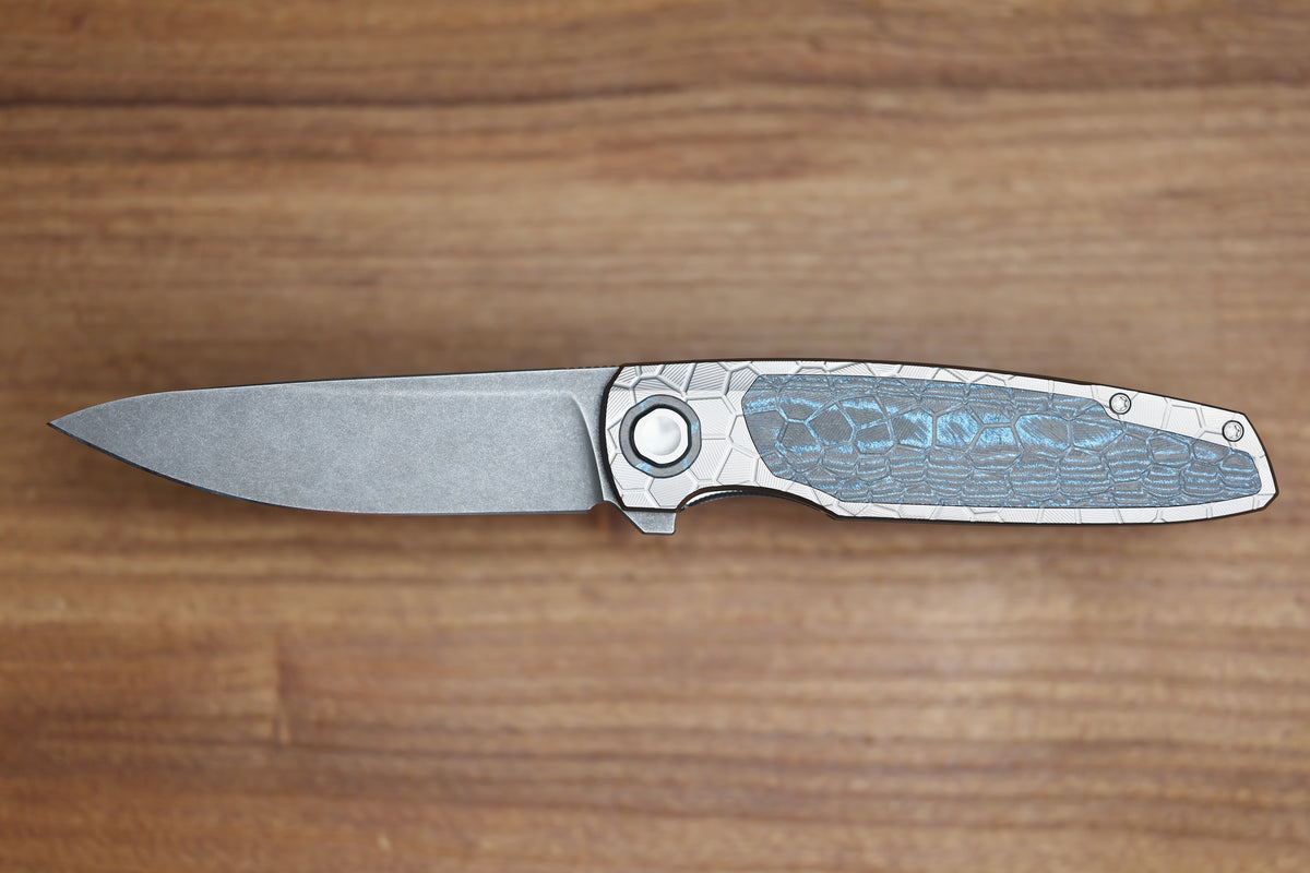 HOLT BLADEWORKS OUTLAW #179 MILLED TURTLE TITANIUM OCEAN BLUE CARBOTI INLAY BLACKWASHED BOHLER M390 BLADE