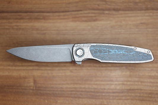 HOLT BLADEWORKS OUTLAW #179 MILLED TURTLE TITANIUM OCEAN BLUE CARBOTI INLAY BLACKWASHED BOHLER M390 BLADE