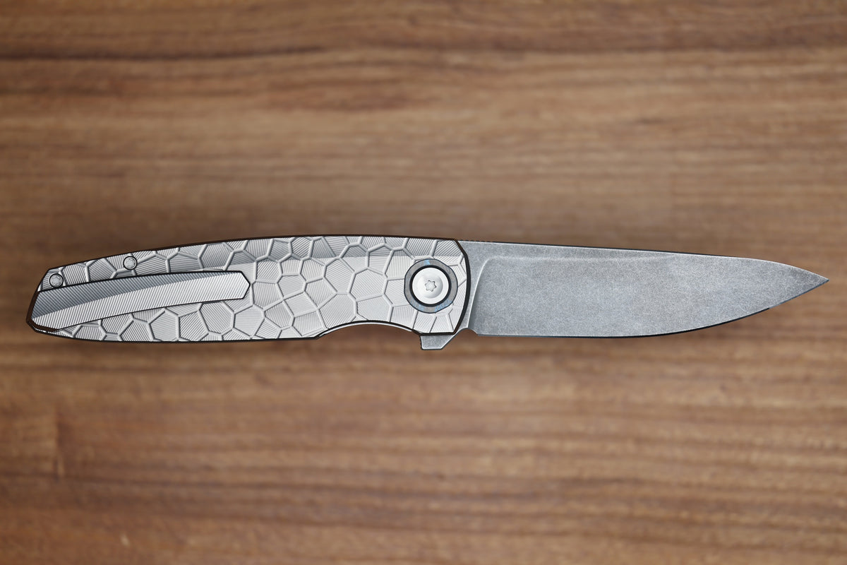 HOLT BLADEWORKS OUTLAW #179 MILLED TURTLE TITANIUM OCEAN BLUE CARBOTI INLAY BLACKWASHED BOHLER M390 BLADE