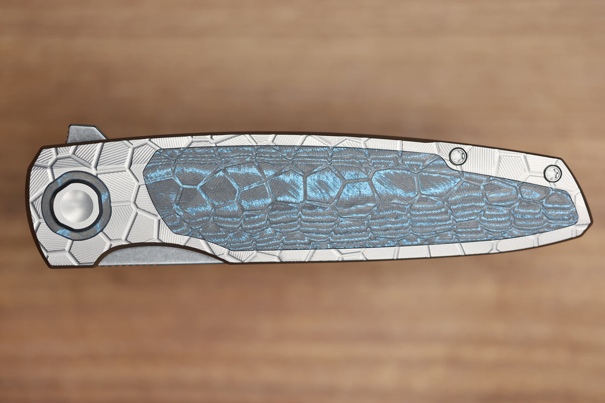 HOLT BLADEWORKS OUTLAW #179 MILLED TURTLE TITANIUM OCEAN BLUE CARBOTI INLAY BLACKWASHED BOHLER M390 BLADE