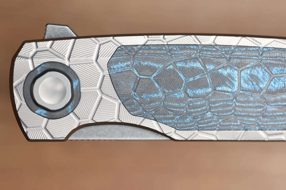 HOLT BLADEWORKS OUTLAW #179 MILLED TURTLE TITANIUM OCEAN BLUE CARBOTI INLAY BLACKWASHED BOHLER M390 BLADE