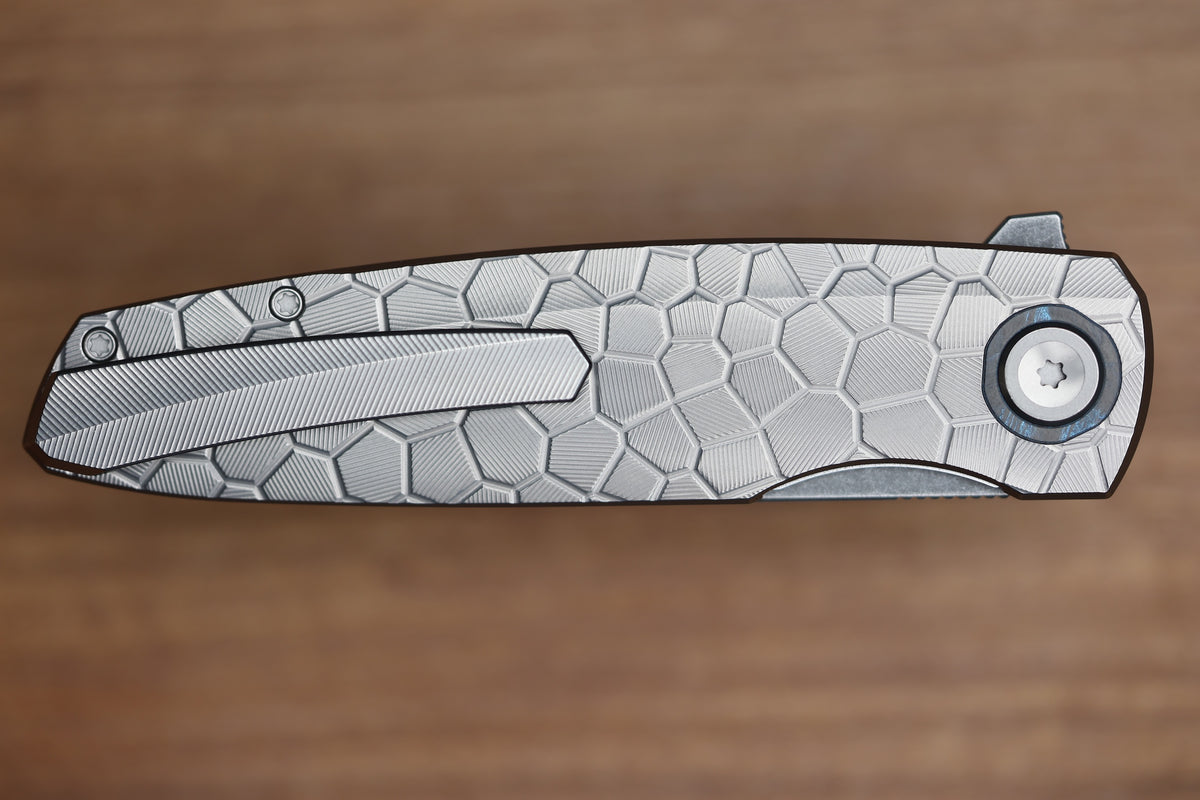 HOLT BLADEWORKS OUTLAW #179 MILLED TURTLE TITANIUM OCEAN BLUE CARBOTI INLAY BLACKWASHED BOHLER M390 BLADE