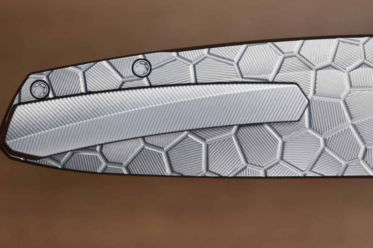 HOLT BLADEWORKS OUTLAW #179 MILLED TURTLE TITANIUM OCEAN BLUE CARBOTI INLAY BLACKWASHED BOHLER M390 BLADE