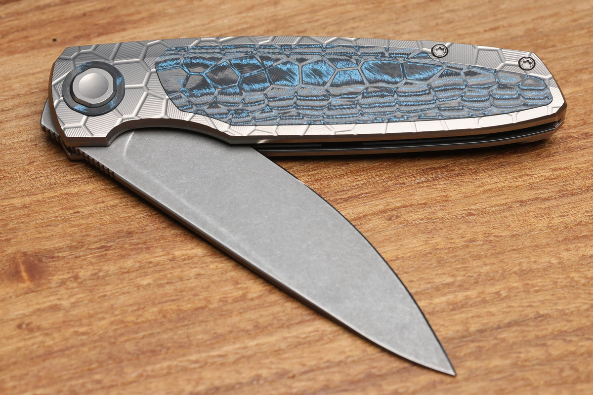 HOLT BLADEWORKS OUTLAW #179 MILLED TURTLE TITANIUM OCEAN BLUE CARBOTI INLAY BLACKWASHED BOHLER M390 BLADE