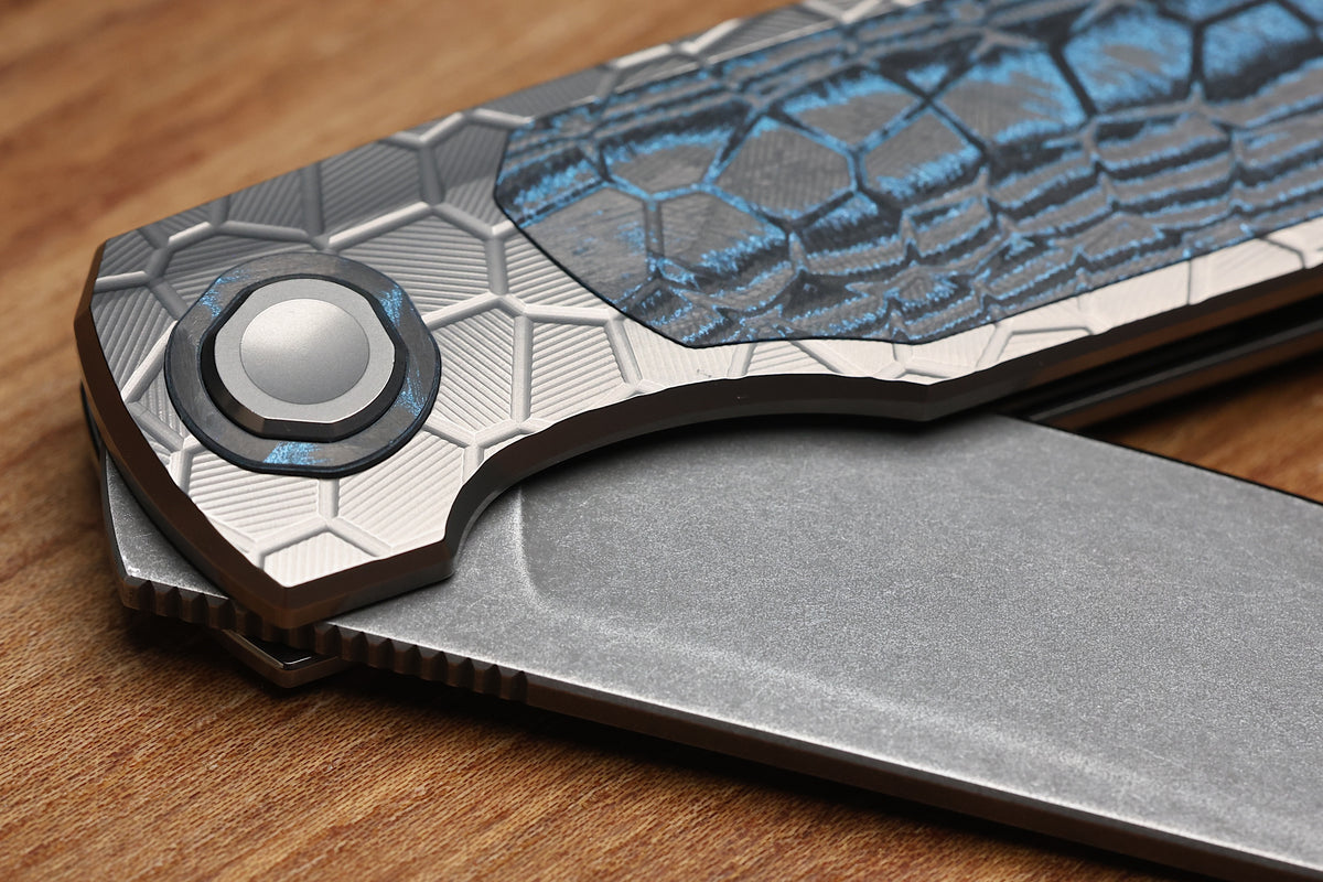 HOLT BLADEWORKS OUTLAW #179 MILLED TURTLE TITANIUM OCEAN BLUE CARBOTI INLAY BLACKWASHED BOHLER M390 BLADE