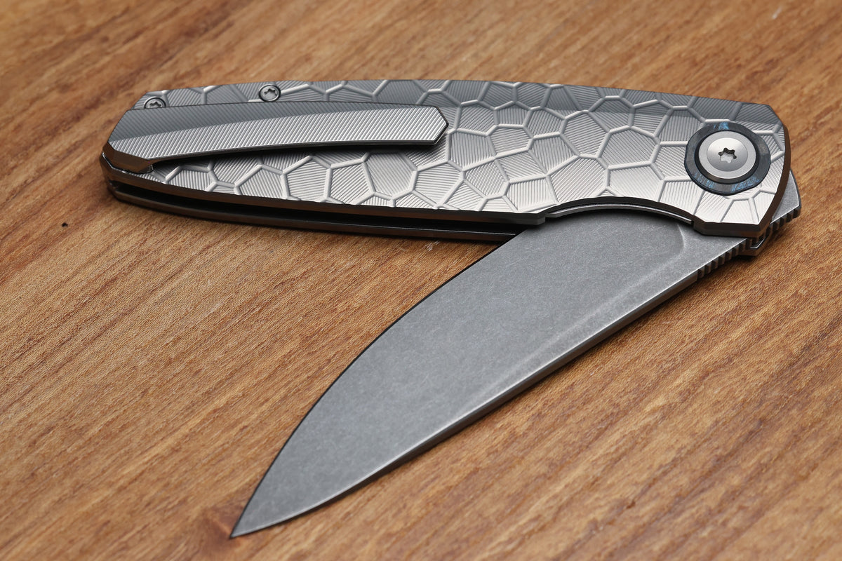 HOLT BLADEWORKS OUTLAW #179 MILLED TURTLE TITANIUM OCEAN BLUE CARBOTI INLAY BLACKWASHED BOHLER M390 BLADE