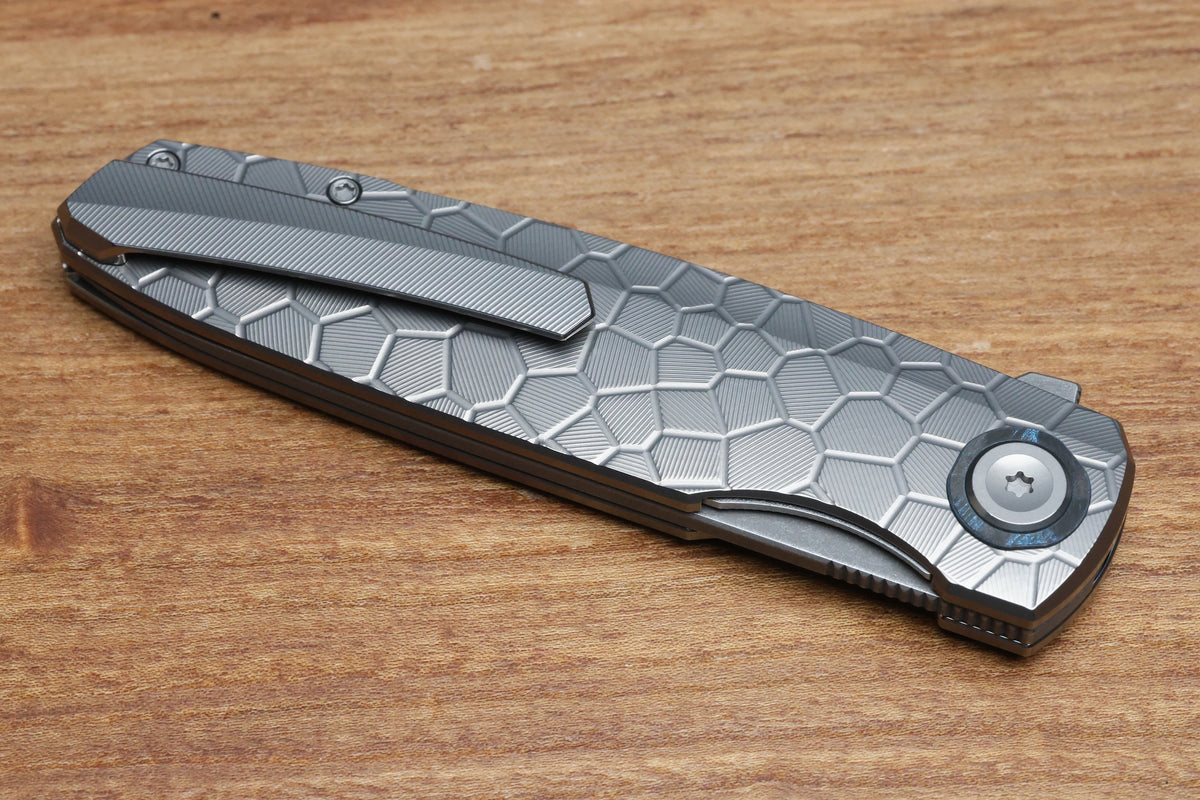 HOLT BLADEWORKS OUTLAW #179 MILLED TURTLE TITANIUM OCEAN BLUE CARBOTI INLAY BLACKWASHED BOHLER M390 BLADE