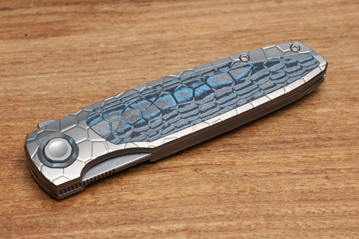 HOLT BLADEWORKS OUTLAW #179 MILLED TURTLE TITANIUM OCEAN BLUE CARBOTI INLAY BLACKWASHED BOHLER M390 BLADE