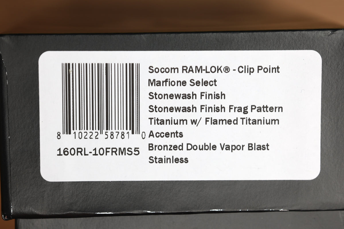 MICROTECH MARFIONE SELECT SOCOM RAM-LOK TITANIUM FRAG HANDLES W/ FLAMED ACCENTS & STONEWASH M390MK 160RL-10FRMS5