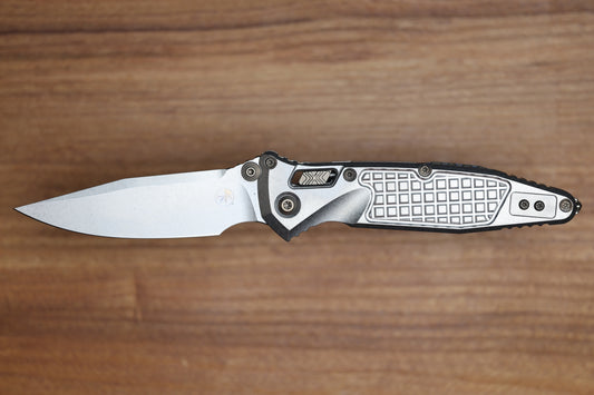 MICROTECH MARFIONE SELECT SOCOM RAM-LOK TITANIUM FRAG HANDLES W/ FLAMED ACCENTS & STONEWASH M390MK 160RL-10FRMS5