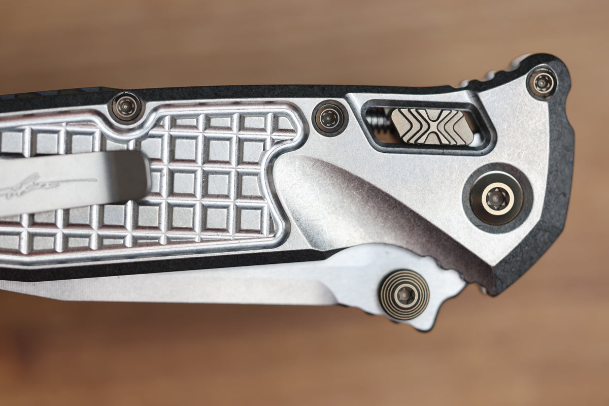 MICROTECH MARFIONE SELECT SOCOM RAM-LOK TITANIUM FRAG HANDLES W/ FLAMED ACCENTS & STONEWASH M390MK 160RL-10FRMS5